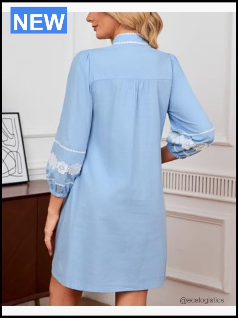 Embroidered Lace Floral Tunic Dress V-Neck 3/4 Puff Sleeve Mini Dress with - Picture 5 of 7